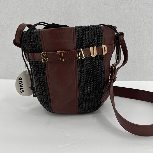 STAUD Handbag Womens Brown Cabana Raffia and Leather Shoulder Bucket Bag NWT - Picture 2 of 13